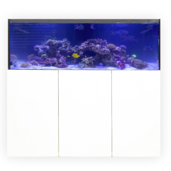 Stijlvolle productfotografie 3-deurs aquarium met witte hooglans onderkast