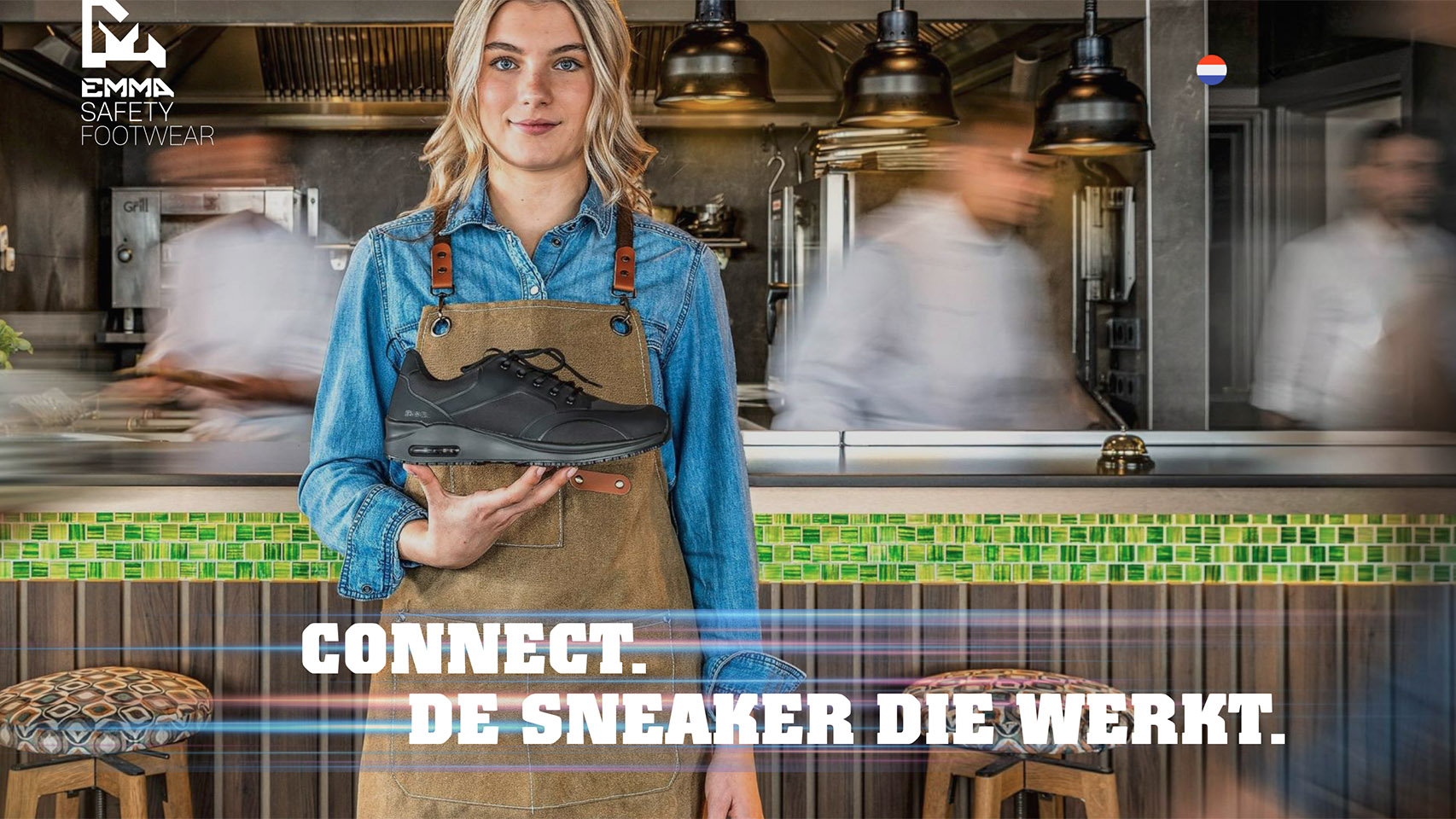 Bedrijfsfotograaf Huub Keulers uit Elsloo, Limburg heeft deze foto gemaakt voor de campagne van de EMMA Connect veiligheidsschoen.